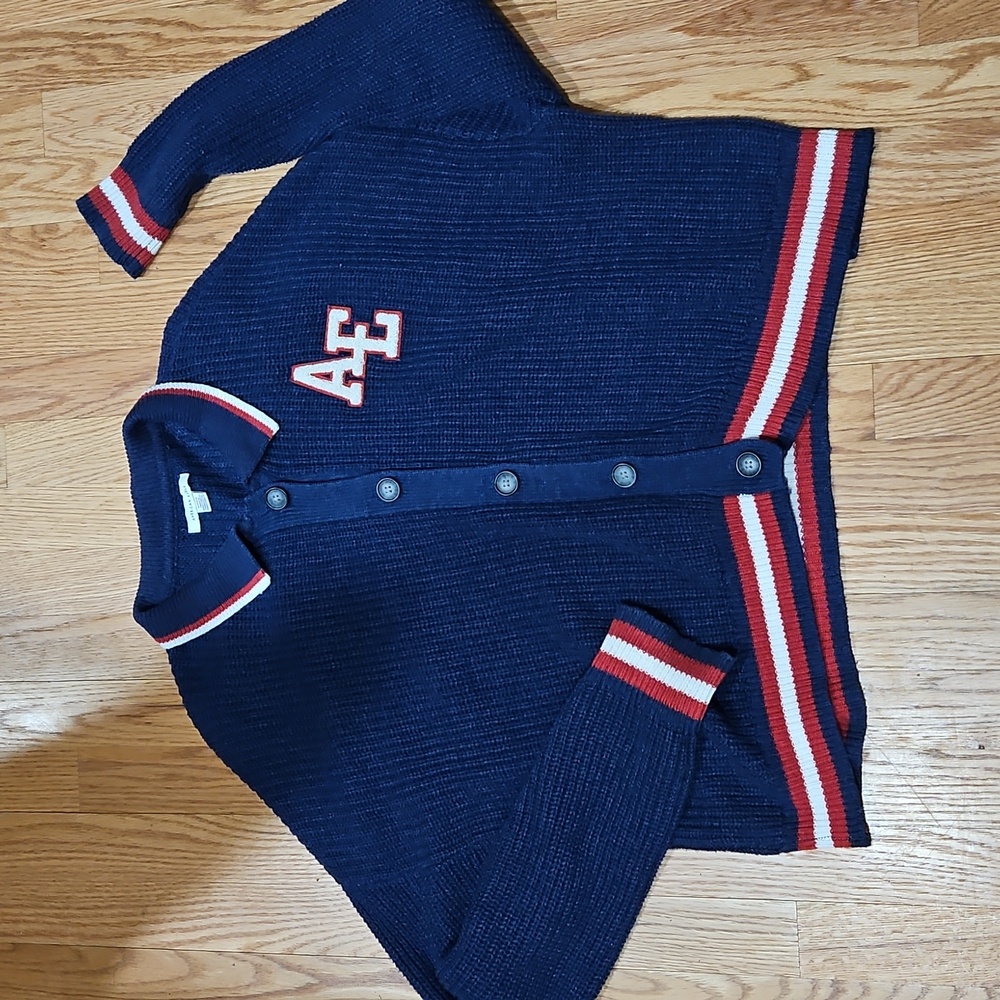 American Eagle Blue Red White Button Down Varsity Sweater S  EUC